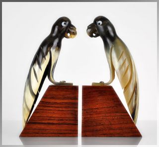   1950s Eames Era French Parrot Sculpture Bookends Horn Mahogany