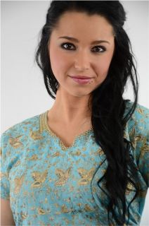 Blue Gold Indian Cotton Oriental Tunic Boho Top Bollywood Kaftan Dress 