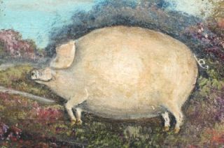   Folk Art Farm Prized Show Pig Oil Painting Tiger Maple Frame