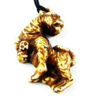 Zodiac Bone Necklace Pendant Carved w Bead Cord Tiger