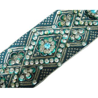 Yard Turquoise Hand Beaded Sequin Border Trim Ribbon Lace Indian