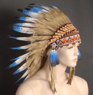 Indian Costume Headdress White Blue Feathers Beaded Tan Headpiece 