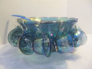    Indiana Blue Carnival Glass Punch Bowl with 12 cups and BLUE Ladle