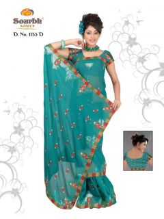 Traditional Designer Indian Blue Georgette Saree Sari with Unstitched 