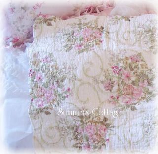 Shabby Cottage Chic French Fleur de Lis Pink Roses Scrolls Queen Quilt 