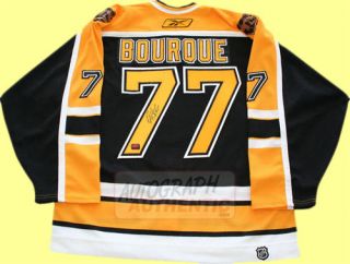Boston Bruins jersey autographed by Ray Bourque. The jersey is semi 