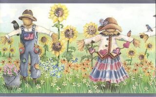   Wallpaper Border / Sunflowers and Scarecrows Wall Border / Blue Trim