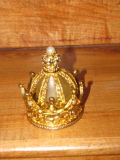 perfume bottle trinket box gold tone metal crown shape rhinestones 