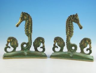 Vintage Pair of Virginia Metalcrafters Seahorse Brass Bookends