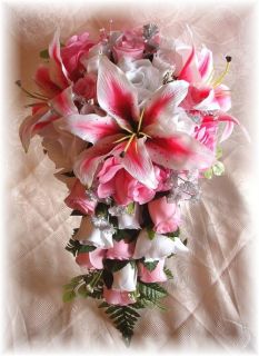 Wedding Bridal Bouquet Flowers Pink Rose Lily 21pc