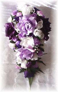 21pc Purple Lavender Silk Wedding Flowers Bridal Bouquet Roses