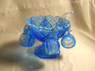 Westmoreland Blue Opalescent Mini Punch Bowl Set 6 Cups Ladle