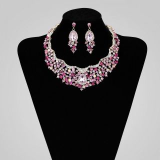   Rhinestone Crystal Bridal Wedding Choker Necklace Set Pink
