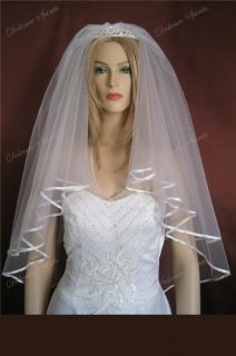 2T Elbow Diamond White Plain Bridal Veil Ribbon Edge