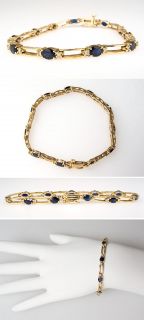   Sapphire & Diamond Tennis Bracelet Solid 14K Gold Fine Estate Jewelry