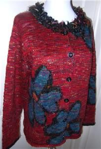 Susan Bristol Red Speckled Flower Cardigan Sweater Fringe Trim LG 