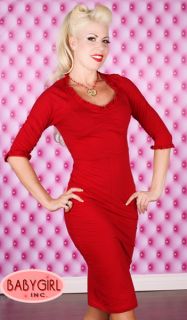 Broad Minded Clothing Red 3 4 Sleeves Pinup Wiggle Rockabilly Dress 