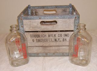 Old dairy milk bottles Bridgeman hf gal w wooden crate NR lot