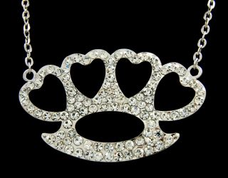 Trendy Silver Heart Brass Knuckles Necklace with Stones New w/ Free 