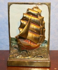   Paul Herzel Sailing Boat Tall Ship Lighthouse Pompeian Bronze Bookends