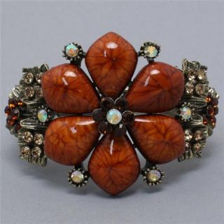 Chunky Brown Stone Flower Antique Gold Statement Costume Jewelry Cuff 