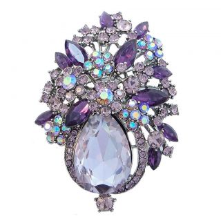 Gorgeous Flower Drop Brooch Pin Purple Rhinestone Crystal Pendant