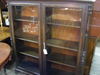 Antique Bookcase Book Case Glass Doors Dish Cabinet Old Style Lock 