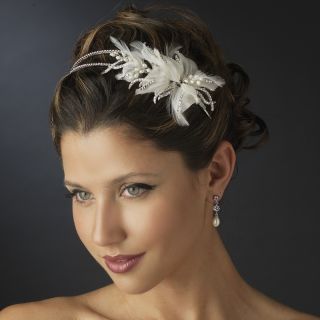   Ivory Pearl Clear Rhinestone Floral Feather Bridal Headband