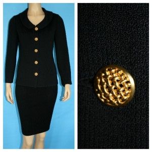   Knit Fitted Jacket Skirt 2 PC Suit Black Gold BTNS M 8 10 6