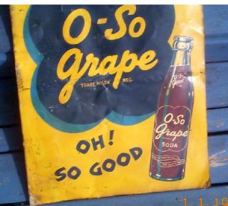 Vintage Old O So Grape Soda Pop Metal Advertising Sign w/ Bottle Early 