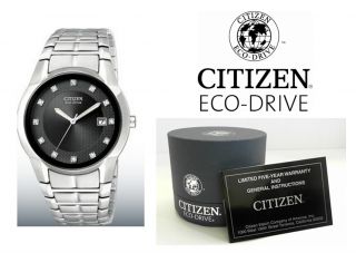 New Citizen Mens Eco Drive Dress Diamond Silver Tone Steel Watch 