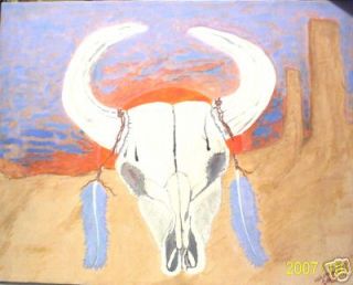 Original Southwest Cow Buffalo Skull Folk Art Painting
