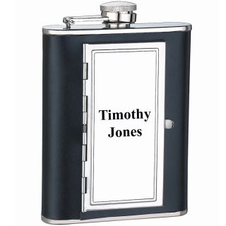 PERSONALIZED Stainless Steel Genuine Black Leather 6oz Cigarette Case 