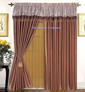 4pcs Faux Silk Brown Cream Embroidery Window Curtain Drape Valance 
