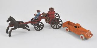Antique Cast Iron Toys Pair Fire Horse Drawn Wagon 1900s Car w Flat 
