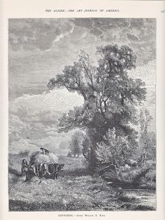   FARMER WITH OXEN OX PULLING HAY WAGON HAY FIELD ANTIQUE PRINT 1878
