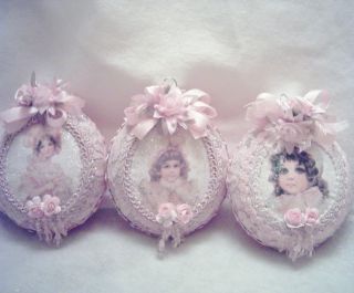   Victorian~Lg GLASS Ornament~Brundage Pic #3~Pink Lace~Rose Satin~Roses