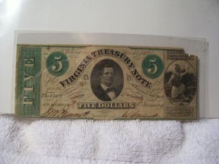Authentic Obsolete Confederate $5 Virginia Treasury Note Currency 1862 