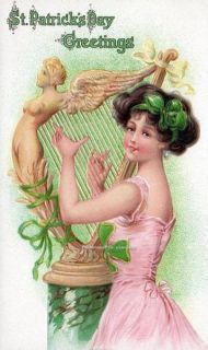 Brundage St. Patricks Day Repro Greeting Card Girl w Gold Harp