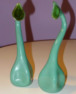 Pair of Art Nouveau Organic Stem Green Glass Bud Vases