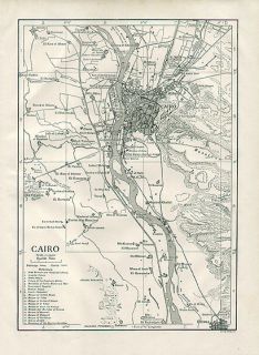 Cairo Egypt Authentic Antique Map Genuine 102 Years Old Made in 1910 
