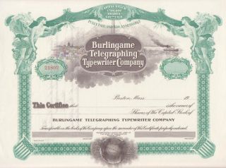 Burlingame Telegraphing Typewriter Company Stock Certificate. Dated 