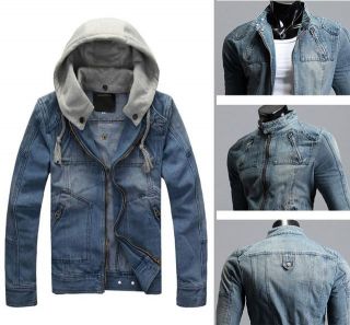 New Fashion Mens Vintage Classic Detachable Hood Denim Jean Jacket 
