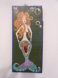 Buxom Blonde Mermaid Blue Tail Outsider Folk Art Painting on Wood Nor 