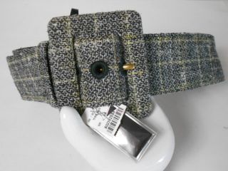 YSL Yves Saint Laurent BLK WHT Plaid Wool Leather Brass Buckle Belt S 