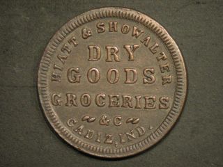 1863 Hiatt & Showalter Dry Goods, Cadiz Indiana Civil War token store 