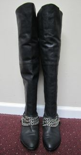 CANDELA LADIES BLACK LEATHER MOTO OVER THE KNEE BOOTS W/ CHAINS MD 
