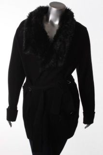 Calvin Klein New Black Faux Fur Belted Wool Collar Cardigan Sweater 