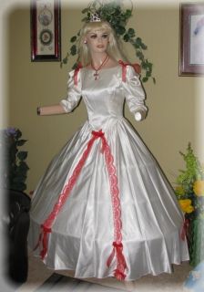 BEAUTIFUL WHITE AND RED SOUTHERN BELLE DRESS GOWN PLUS VTG EARRINGS AS 