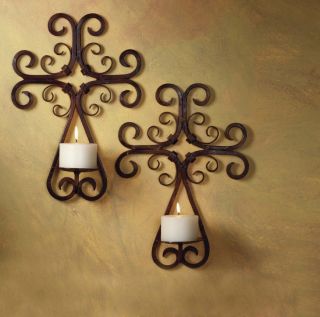   Mediterranean Scrolling Iron Metal Wall Candle Sconce Set 2